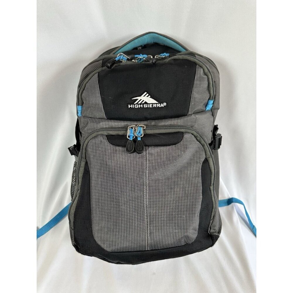 HIGH SIERRA BACKPACK, AQUA/GREY, MULTI-POCKET, 20" X 15", Good COND.